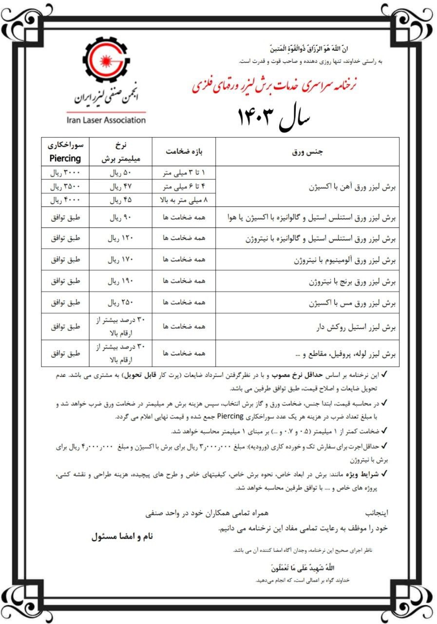 لیست قیمت خدمات برش لیزری